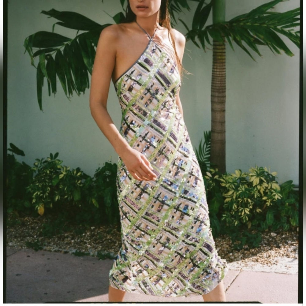 Veronica Beard Sequin Multicolor Halter Midi Dress